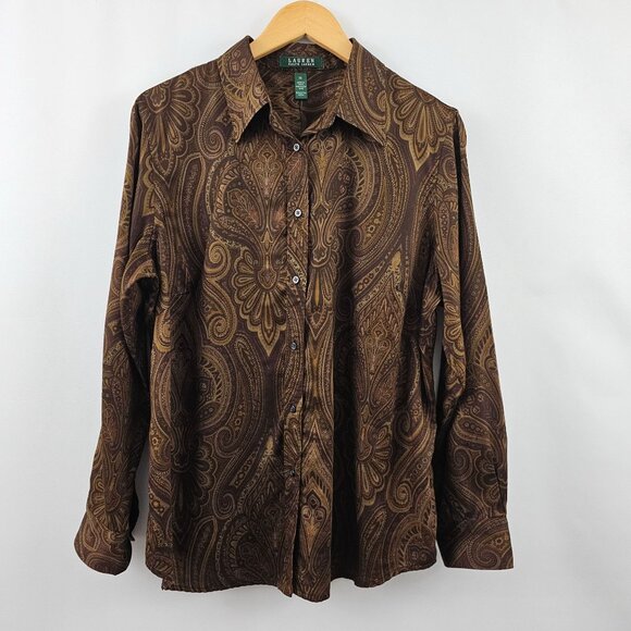 Ralph Lauren Button Down Shirt Womens 1X Paisley 100% Cotton Brown Tan Old Money - Picture 8 of 10